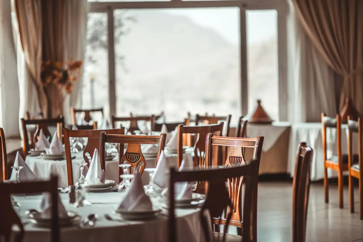 The main dining room set for dinner